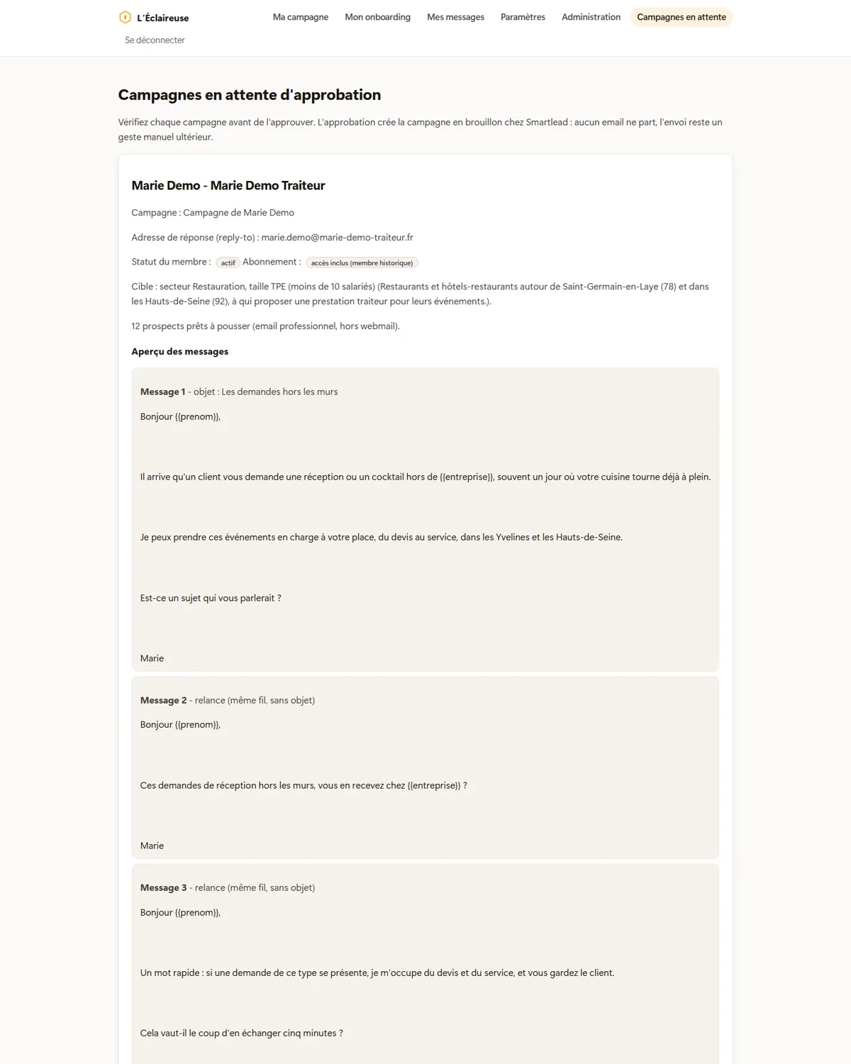 Espace de gestion du Quai : liste des campagnes des membres.