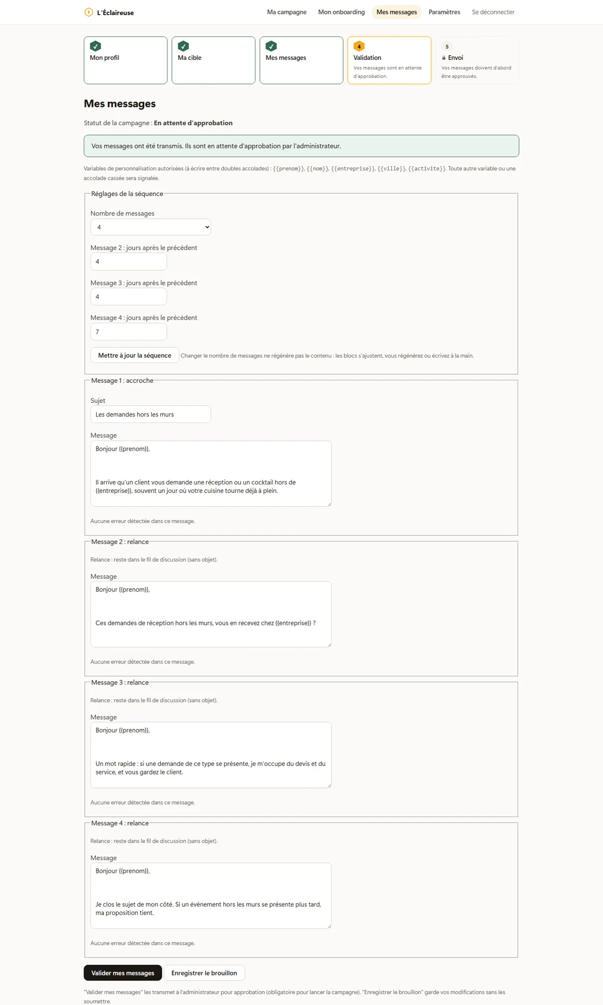 Écran de relecture des messages et des relances avant envoi.